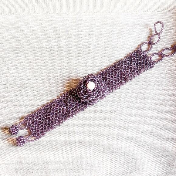 Purple Handbeaded Beadwork Rosette Bracelet - Picture 4 of 5